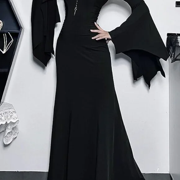 Gothic Maxi Dress Womens Long Flare Sleeve V-Neck Vintage Evening Wear - Picture 3 of 8